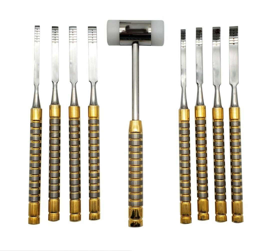 BONE CHISELS SET 9PCS & MALLET FOR BONE SPLITTING DENTAL IMPLANT
